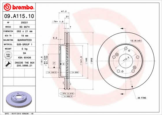 Тормозной диск вентилируемый, 1 шт. Brembo 09.A115.10