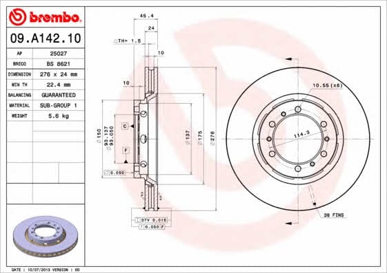 Диск гальмівний вентильований, 1 шт. Brembo 09.A142.10