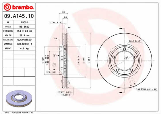 Тормозной диск вентилируемый, 1 шт. Brembo 09.A145.10