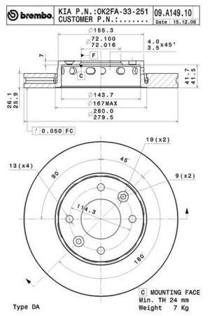 Диск гальмівний передній вентильований Brembo 09.A149.11