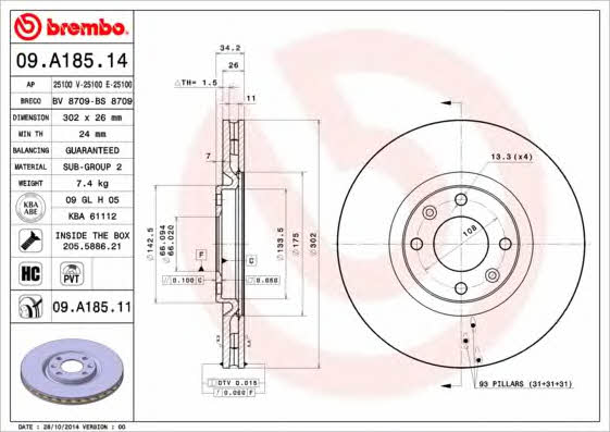 Тормозной диск вентилируемый, 1 шт. Brembo 09.A185.11