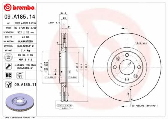 Тормозной диск вентилируемый, 1 шт. Brembo 09.A185.14