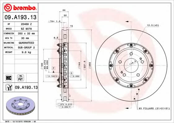 Тормозной диск вентилируемый, 1 шт. Brembo 09.A193.13