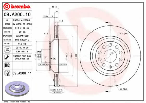 Тормозной диск задний вентилируемый Brembo 09.A200.11