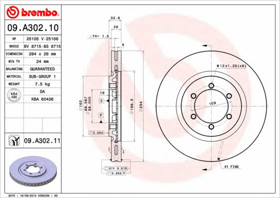 Тормозной диск вентилируемый, 1 шт. Brembo 09.A302.11