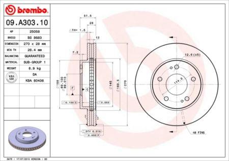 Тормозной диск вентилируемый, 1 шт. Brembo 09.A303.10