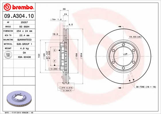 Тормозной диск передний вентилируемый Brembo 09.A304.10