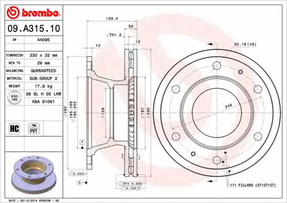 Диск гальмівний вентильований, 1 шт. Brembo 09.A315.10