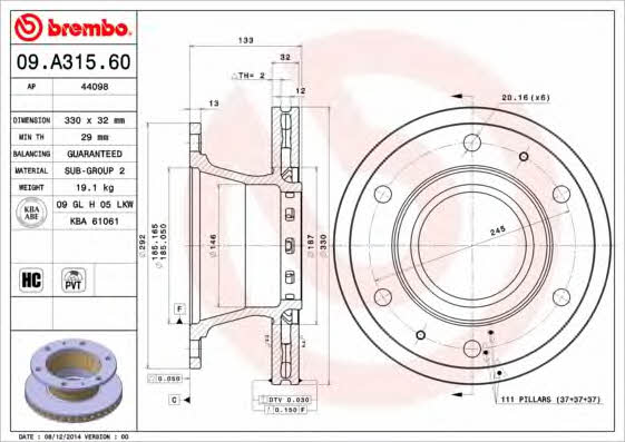 Тормозной диск задний вентилируемый Brembo 09.A315.60