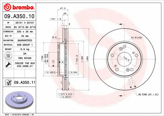 Тормозной диск передний вентилируемый Brembo 09.A350.11
