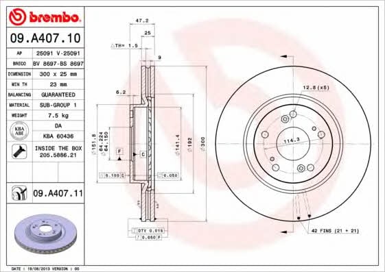 Тормозной диск передний вентилируемый Brembo 09.A407.10