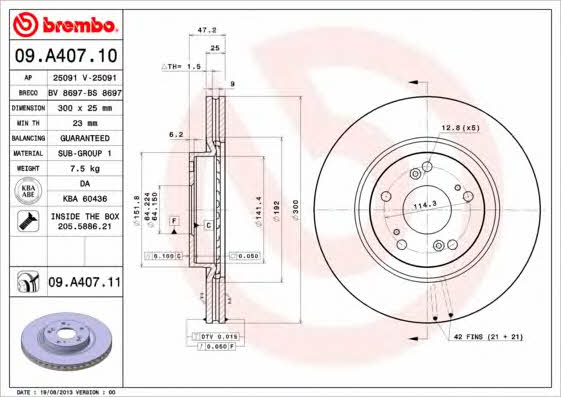 Тормозной диск передний вентилируемый Brembo 09.A407.11
