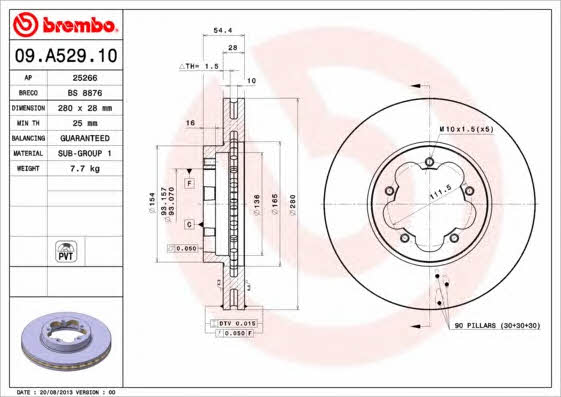 Тормозной диск вентилируемый, 1 шт. Brembo 09.A529.10