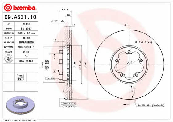 Тормозной диск вентилируемый, 1 шт. Brembo 09.A531.10
