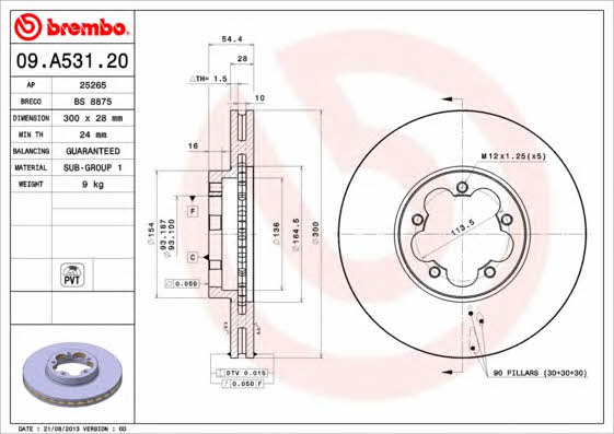 Тормозной диск передний вентилируемый Brembo 09.A531.20