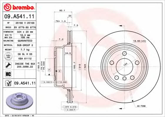 Диск гальмівний задній вентильований Brembo 09.A541.11