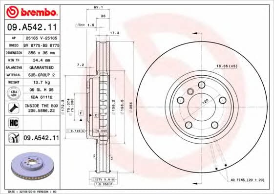 Тормозной диск вентилируемый, 1 шт. Brembo 09.A542.11