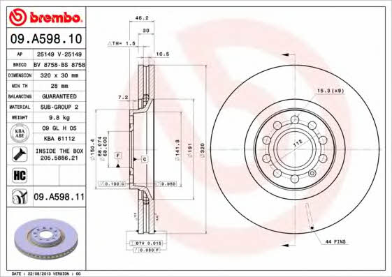 Тормозной диск передний вентилируемый Brembo 09.A598.11