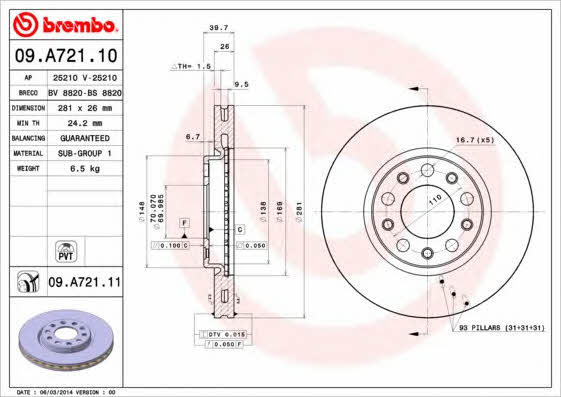 Тормозной диск вентилируемый, 1 шт. Brembo 09.A721.11