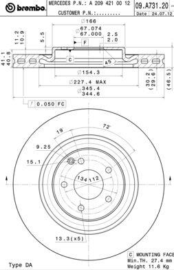 Тормозной диск вентилируемый, 1 шт. Brembo 09.A731.21