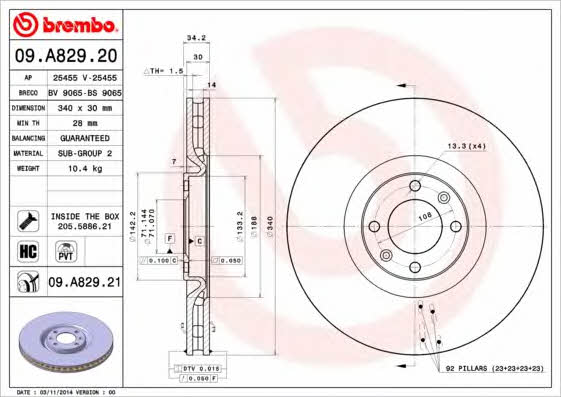Тормозной диск вентилируемый, 1 шт. Brembo 09.A829.21