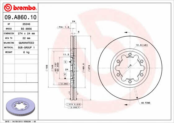 Тормозной диск вентилируемый, 1 шт. Brembo 09.A860.10