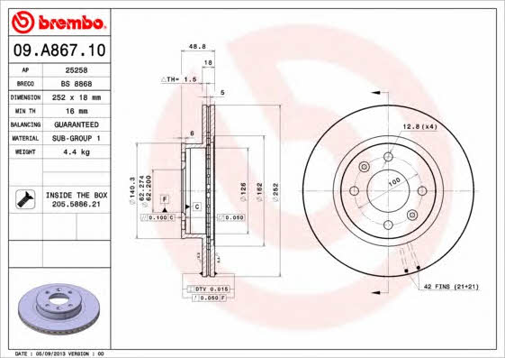 Тормозной диск передний вентилируемый Brembo 09.A867.10