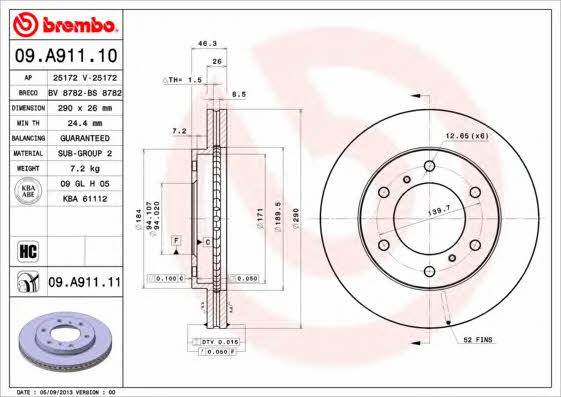 Тормозной диск вентилируемый, 1 шт. Brembo 09.A911.10