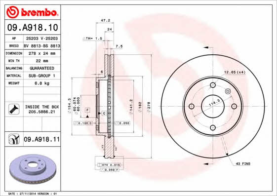 Тормозной диск вентилируемый, 1 шт. Brembo 09.A918.10