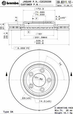 Тормозной диск вентилируемый, 1 шт. Brembo 09.B311.11