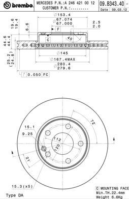 Тормозной диск вентилируемый, 1 шт. Brembo 09.B343.41