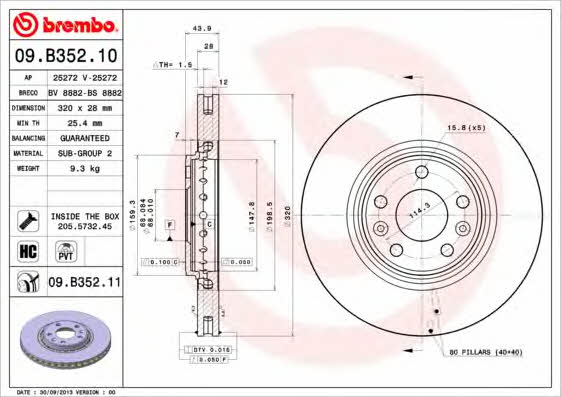 Brembo 09.B352.10 Диск гальмівний передній вентильований 09B35210: Купити в Україні - Добра ціна на EXIST.UA!