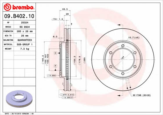 Тормозной диск вентилируемый, 1 шт. Brembo 09.B402.10