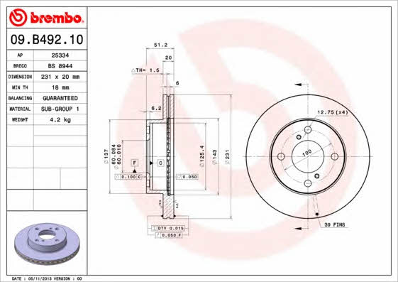 Тормозной диск вентилируемый, 1 шт. Brembo 09.B492.10