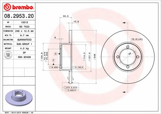 Тормозной диск передний невентилируемый Brembo 08.2953.20