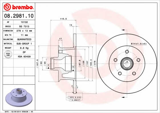 Тормозной диск передний невентилируемый Brembo 08.2981.10