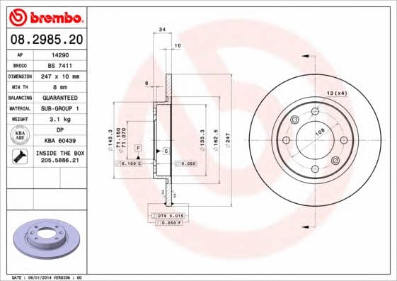 Тормозной диск задний невентилируемый Brembo 08.2985.20