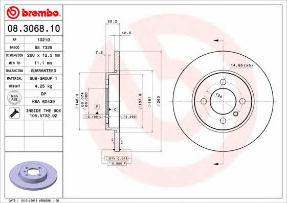 Тормозной диск передний невентилируемый Brembo 08.3068.10