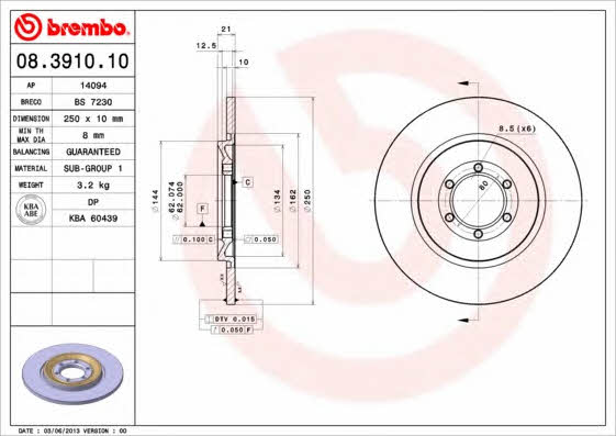 Тормозной диск задний невентилируемый Brembo 08.3910.10