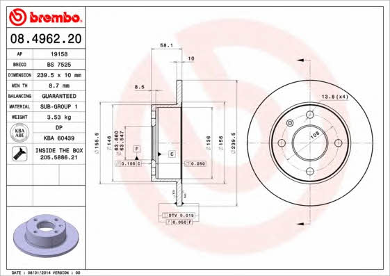 Тормозной диск передний невентилируемый Brembo 08.4962.20