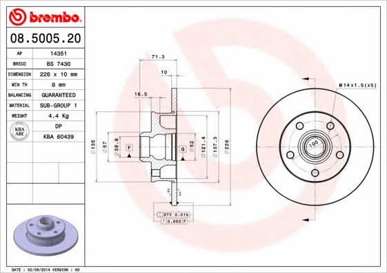 Тормозной диск задний невентилируемый Brembo 08.5005.20