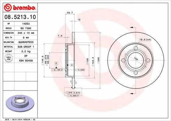 Тормозной диск задний невентилируемый Brembo 08.5213.10