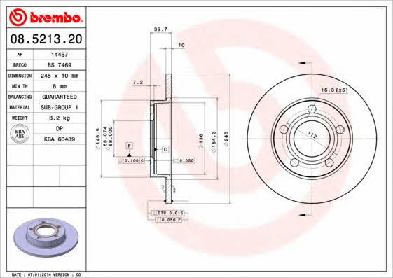 Тормозной диск задний невентилируемый Brembo 08.5213.20