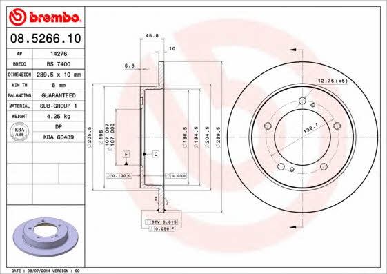 Тормозной диск передний невентилируемый Brembo 08.5266.10