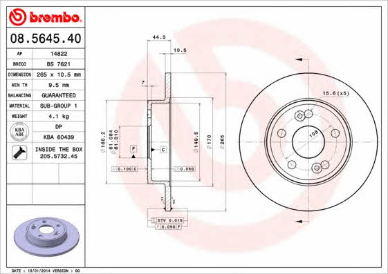 Тормозной диск задний невентилируемый Brembo 08.5645.40