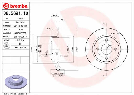Тормозной диск передний невентилируемый Brembo 08.5691.10