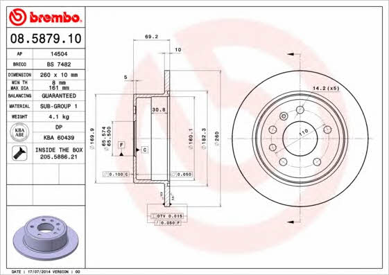 Тормозной диск задний невентилируемый Brembo 08.5879.10