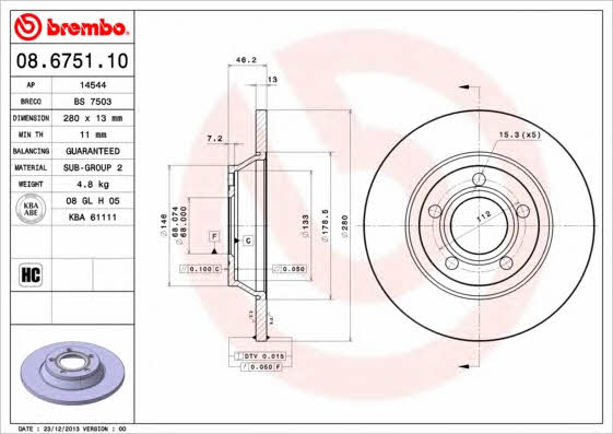 Тормозной диск передний невентилируемый Brembo 08.6751.10
