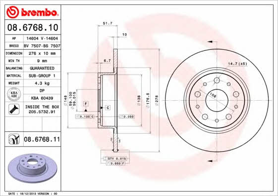 Тормозной диск задний невентилируемый Brembo 08.6768.11