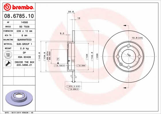 Тормозной диск передний невентилируемый Brembo 08.6785.10